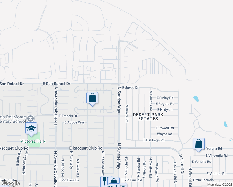 map of restaurants, bars, coffee shops, grocery stores, and more near 3072 Sunflower Circle East in Palm Springs