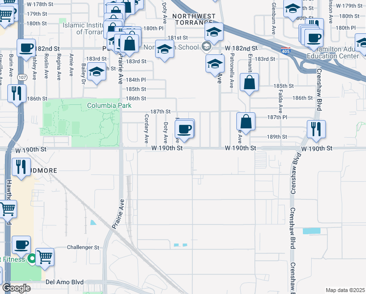 map of restaurants, bars, coffee shops, grocery stores, and more near 3725 West 190th Street in Torrance