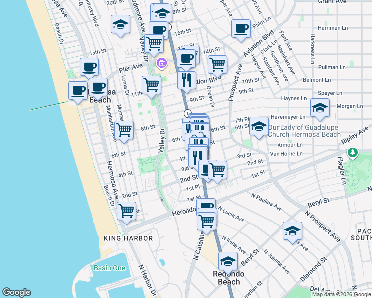 map of restaurants, bars, coffee shops, grocery stores, and more near 712 5th Street in Hermosa Beach