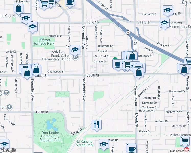 map of restaurants, bars, coffee shops, grocery stores, and more near 19003 Vickie Avenue in Cerritos