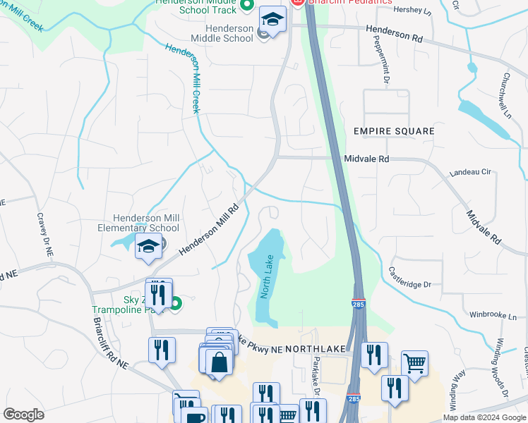 map of restaurants, bars, coffee shops, grocery stores, and more near 2471 Northlake Court Northeast in Atlanta