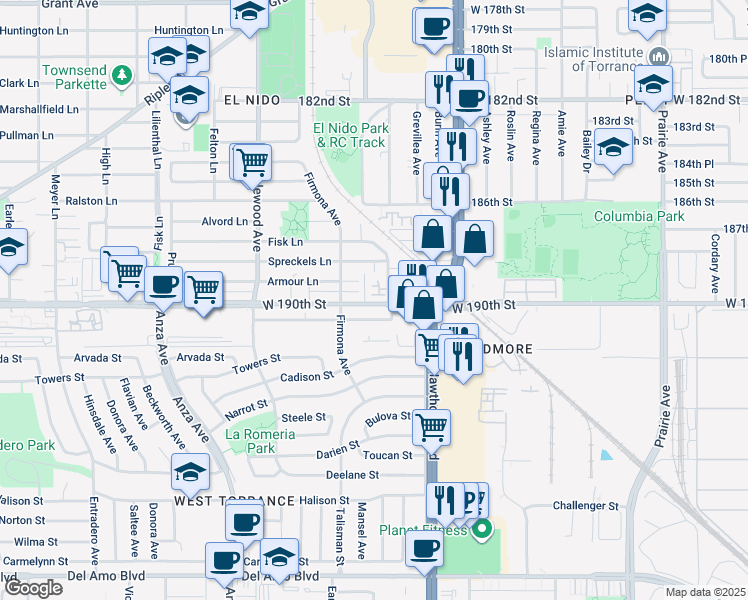 map of restaurants, bars, coffee shops, grocery stores, and more near 2825 190th Street in Redondo Beach
