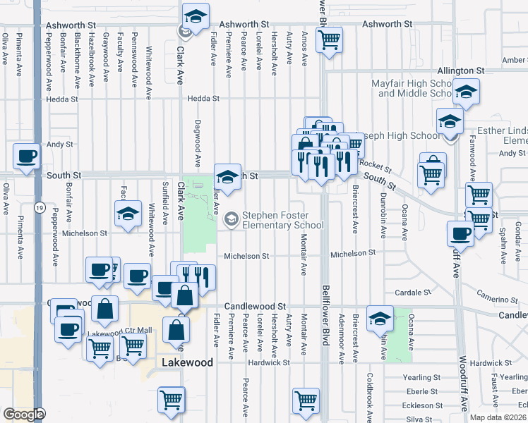 map of restaurants, bars, coffee shops, grocery stores, and more near 5632 Lorelei Avenue in Lakewood