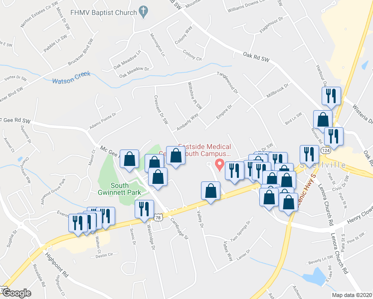 map of restaurants, bars, coffee shops, grocery stores, and more near 2782 Anscot Court Southwest in Snellville