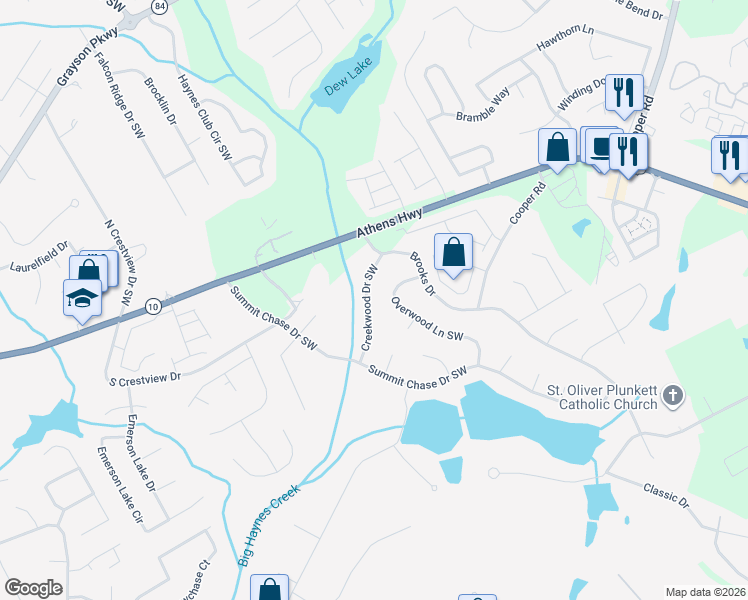 map of restaurants, bars, coffee shops, grocery stores, and more near 2880 Creekwood Drive Southwest in Snellville