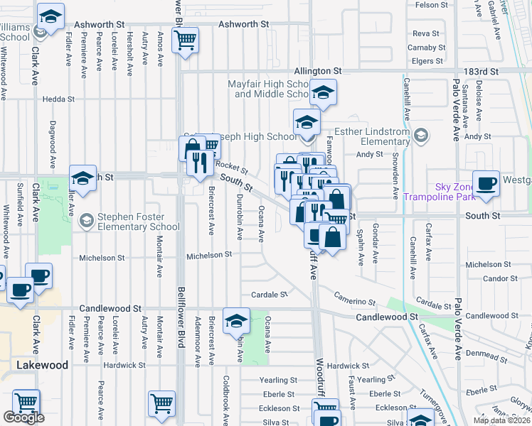map of restaurants, bars, coffee shops, grocery stores, and more near 5729 Wolfe Street in Lakewood