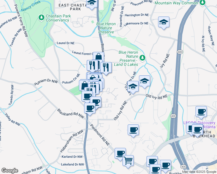 map of restaurants, bars, coffee shops, grocery stores, and more near 25 Ivy Gates Northeast in Atlanta
