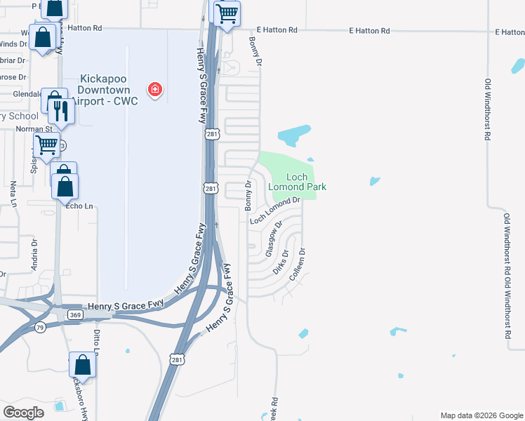 map of restaurants, bars, coffee shops, grocery stores, and more near 202 Loch Lomond Drive in Wichita Falls