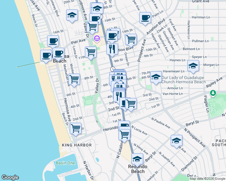 map of restaurants, bars, coffee shops, grocery stores, and more near 707 4th Street in Hermosa Beach