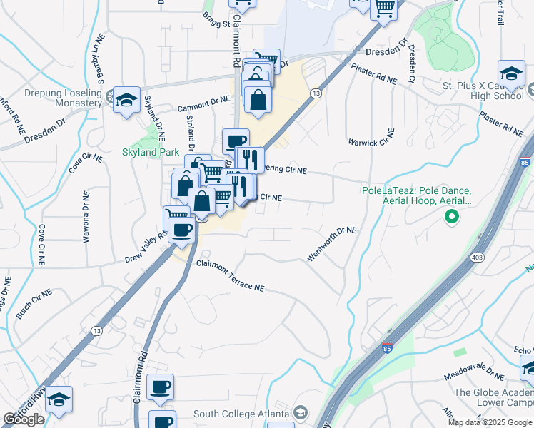 map of restaurants, bars, coffee shops, grocery stores, and more near 2491 Ashford Oaks Drive in Atlanta