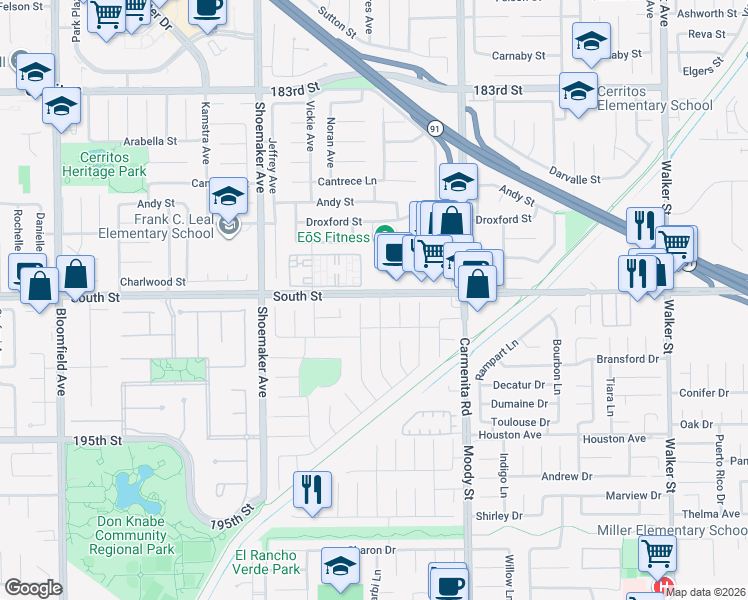 map of restaurants, bars, coffee shops, grocery stores, and more near 19019 Pires Avenue in Cerritos