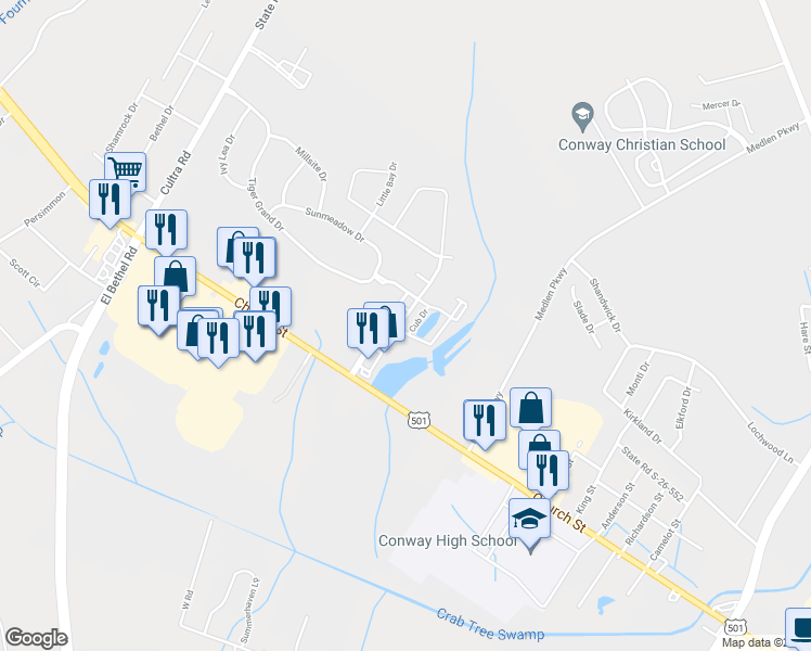 map of restaurants, bars, coffee shops, grocery stores, and more near 1300 Riverport Drive in Conway