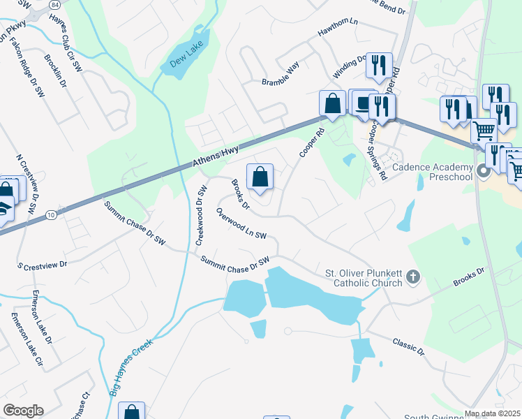 map of restaurants, bars, coffee shops, grocery stores, and more near 2984 Gayle Manor Lane Southwest in Snellville