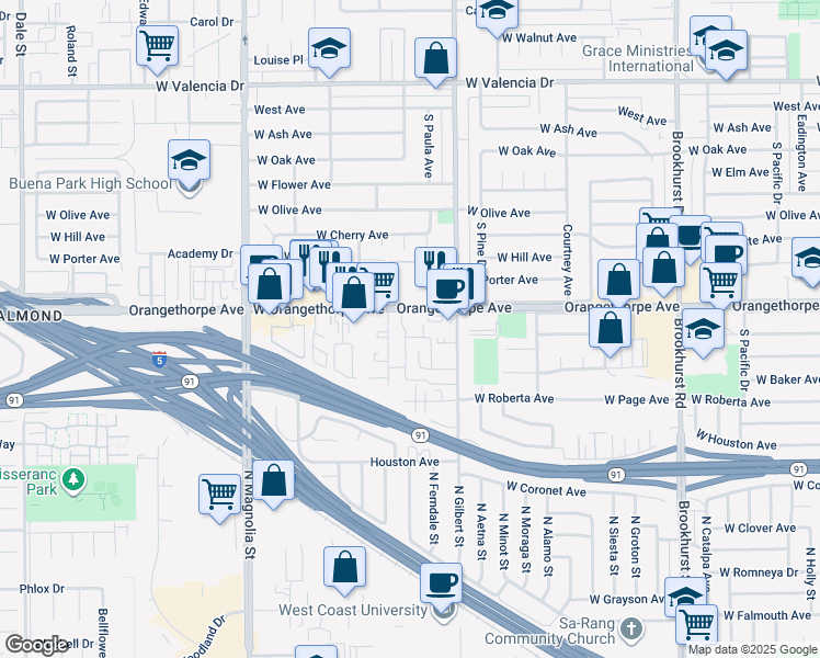 map of restaurants, bars, coffee shops, grocery stores, and more near 2380 West Orangethorpe Avenue in Fullerton