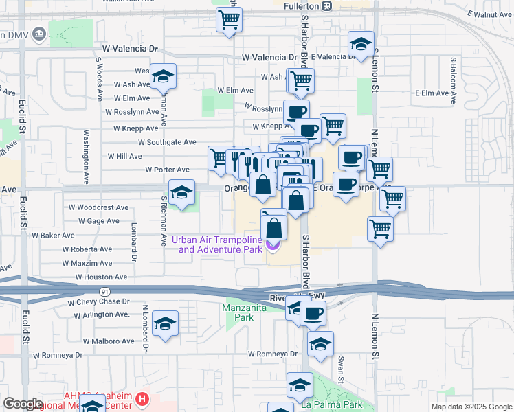 map of restaurants, bars, coffee shops, grocery stores, and more near 200 West Orangethorpe Avenue in Fullerton
