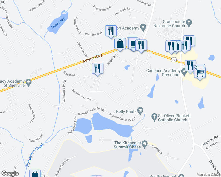 map of restaurants, bars, coffee shops, grocery stores, and more near 2975 Summit Point Court in Snellville