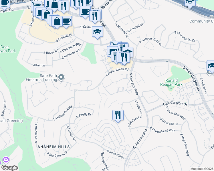 map of restaurants, bars, coffee shops, grocery stores, and more near 8209 East Blackwillow Circle in Anaheim