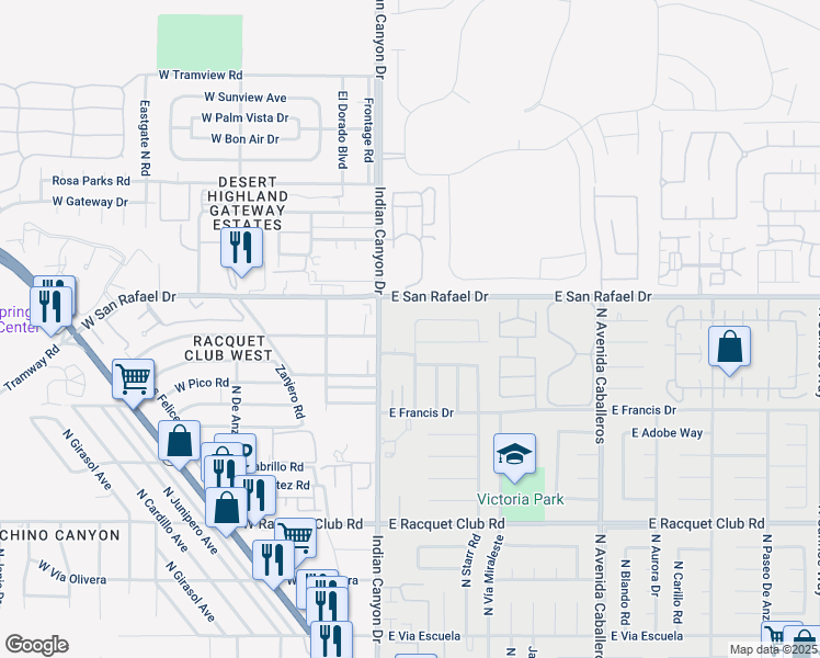 map of restaurants, bars, coffee shops, grocery stores, and more near 332 Simms Road in Palm Springs