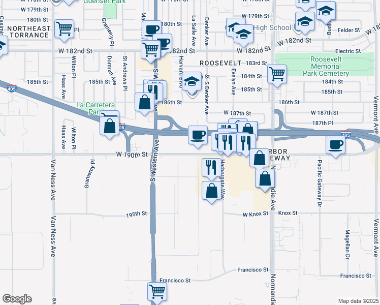 map of restaurants, bars, coffee shops, grocery stores, and more near 1515 West 190th Street in Gardena