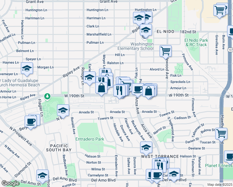 map of restaurants, bars, coffee shops, grocery stores, and more near 2345 West 190th Street in Redondo Beach