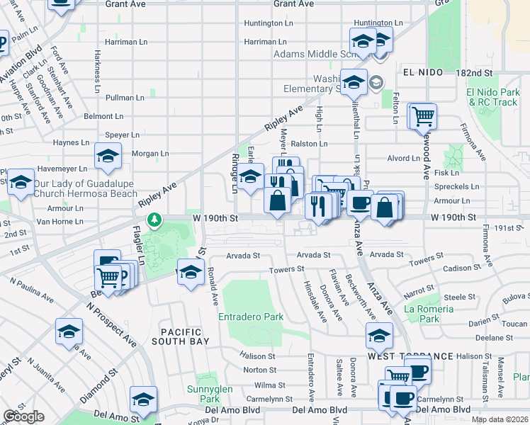 map of restaurants, bars, coffee shops, grocery stores, and more near 2217 190th Street in Redondo Beach