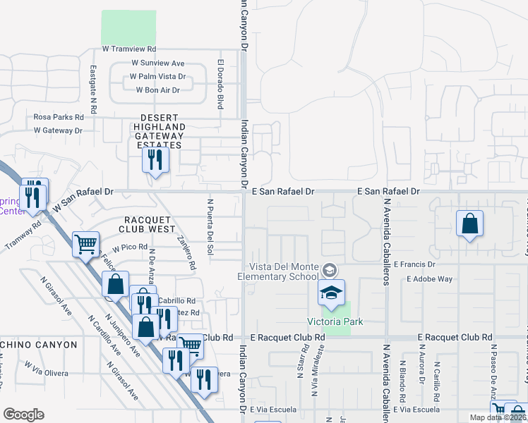 map of restaurants, bars, coffee shops, grocery stores, and more near 332 Simms Road in Palm Springs