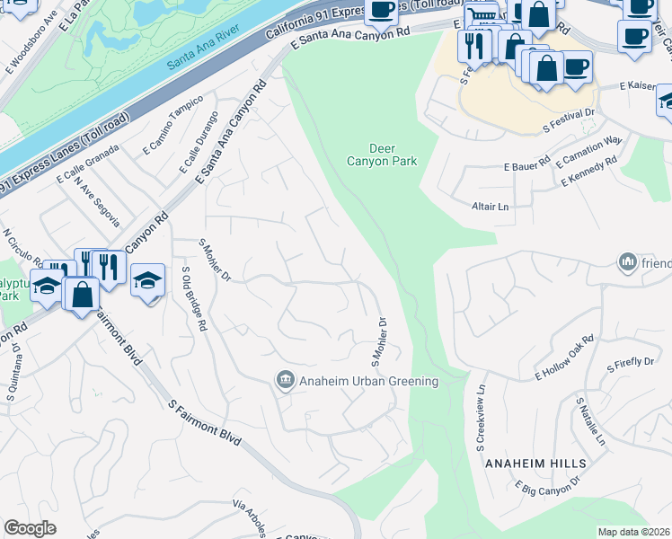 map of restaurants, bars, coffee shops, grocery stores, and more near 325 South Mohler Drive in Anaheim