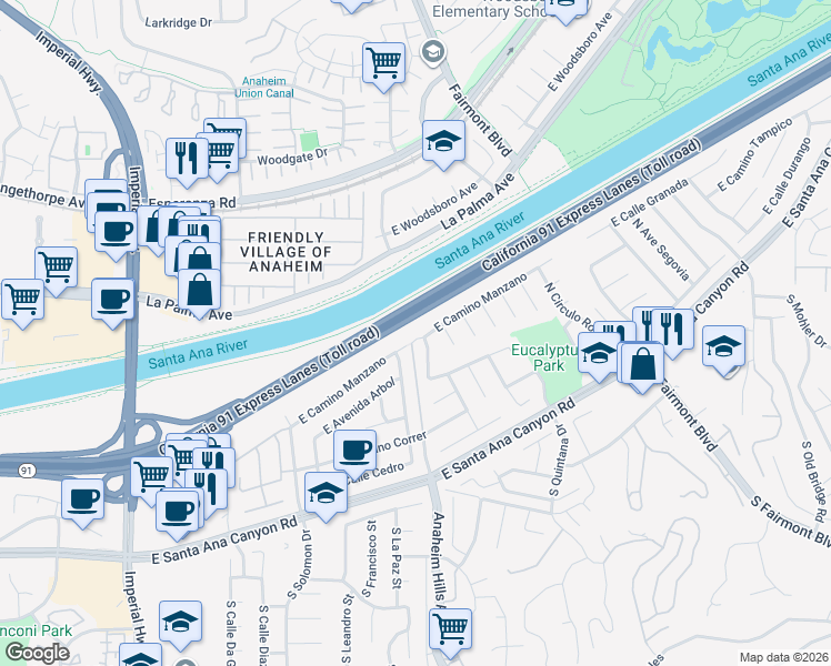 map of restaurants, bars, coffee shops, grocery stores, and more near 296 North Avenida Palmera in Anaheim