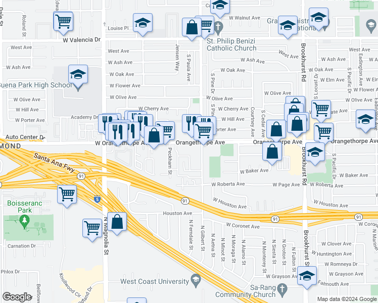 map of restaurants, bars, coffee shops, grocery stores, and more near 2369 Iris Court in Fullerton