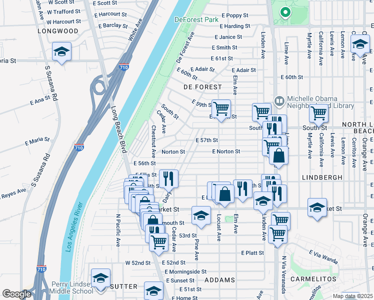 map of restaurants, bars, coffee shops, grocery stores, and more near 5624 Dairy Avenue in Long Beach