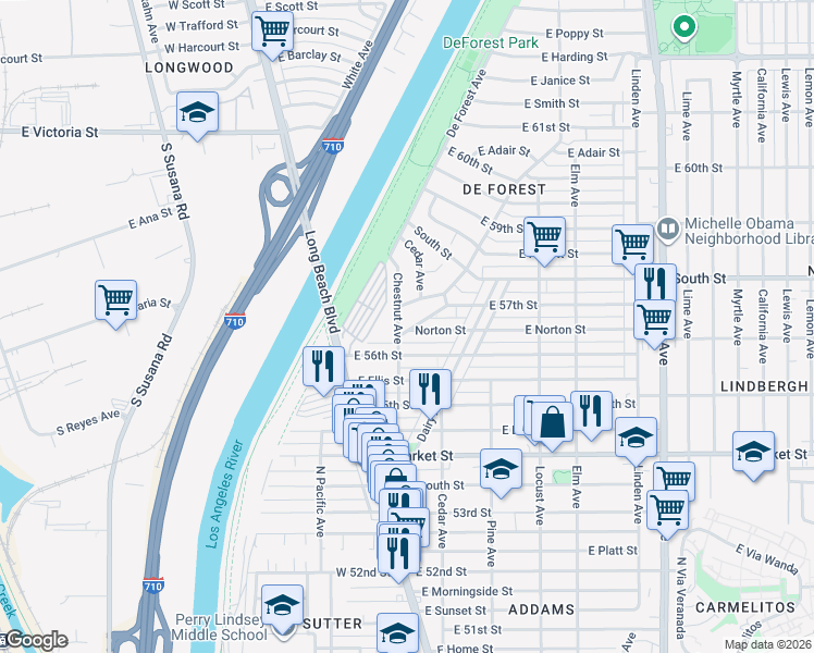 map of restaurants, bars, coffee shops, grocery stores, and more near 5619 Chestnut Avenue in Long Beach