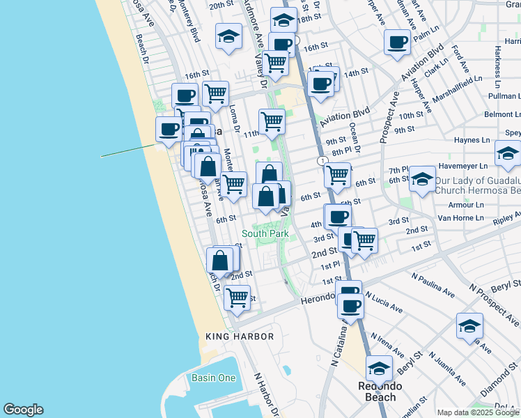 map of restaurants, bars, coffee shops, grocery stores, and more near 312 6th Street in Hermosa Beach