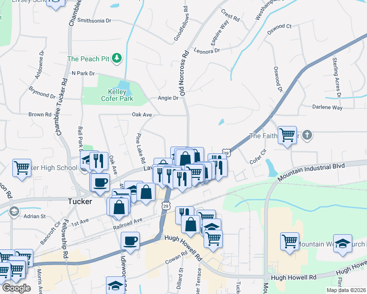 map of restaurants, bars, coffee shops, grocery stores, and more near 2472 Old Norcross Road in Tucker
