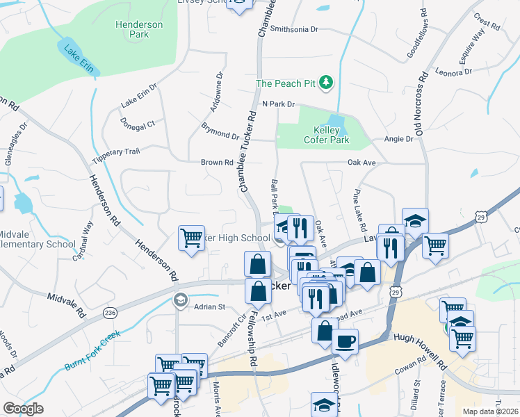 map of restaurants, bars, coffee shops, grocery stores, and more near 2472 Ball Park Drive in Tucker