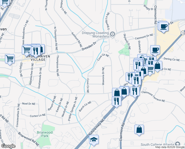 map of restaurants, bars, coffee shops, grocery stores, and more near 1672 Cotswold Drive Northeast in Atlanta