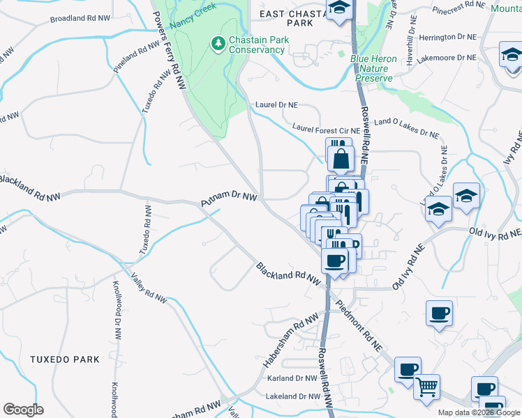 map of restaurants, bars, coffee shops, grocery stores, and more near 3796 Powers Ferry Road Northwest in Atlanta