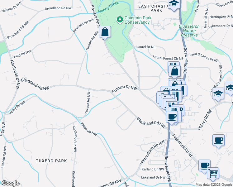 map of restaurants, bars, coffee shops, grocery stores, and more near 114 Blackland Road Northwest in Atlanta
