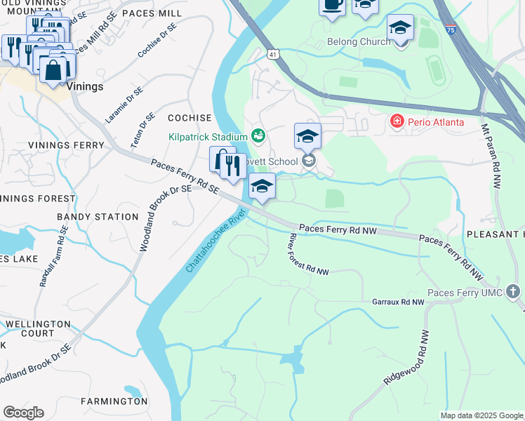map of restaurants, bars, coffee shops, grocery stores, and more near 4110 Paces Ferry Road Northwest in Atlanta