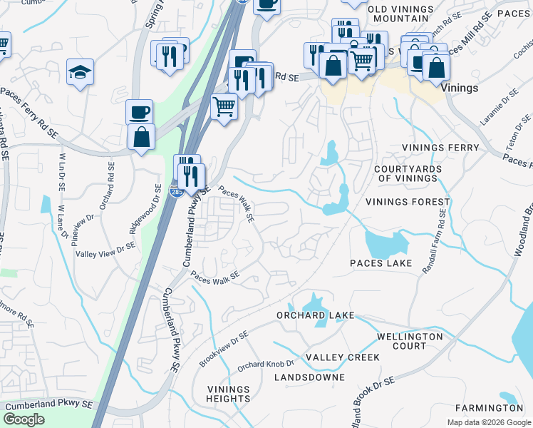 map of restaurants, bars, coffee shops, grocery stores, and more near 2622 Paces View in Atlanta