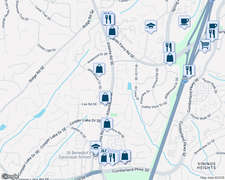 map of restaurants, bars, coffee shops, grocery stores, and more near in Smyrna