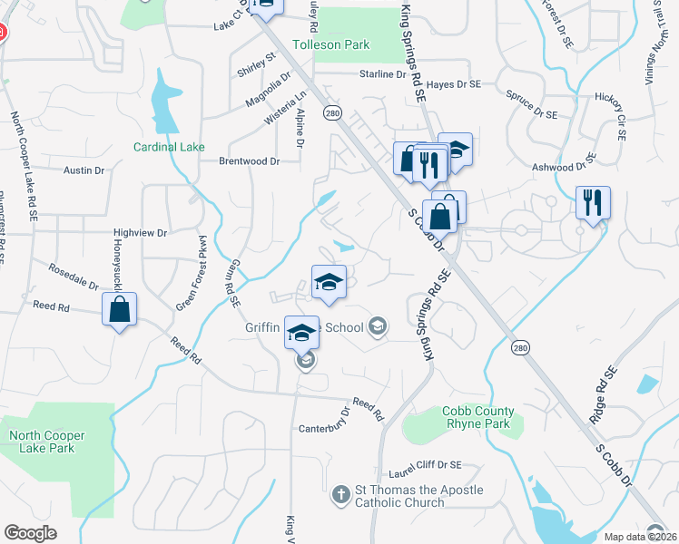 map of restaurants, bars, coffee shops, grocery stores, and more near 203 Bridge Lane in Smyrna