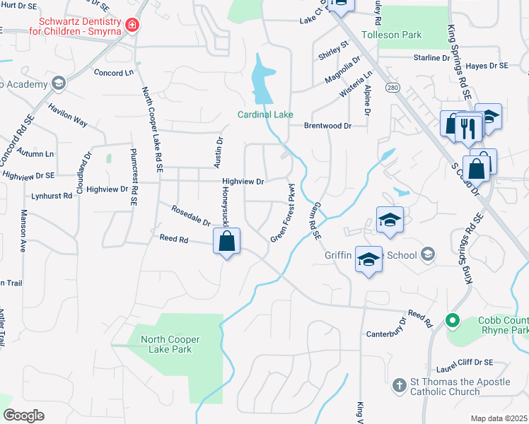 map of restaurants, bars, coffee shops, grocery stores, and more near 3916 Green Forest Lane Southeast in Smyrna