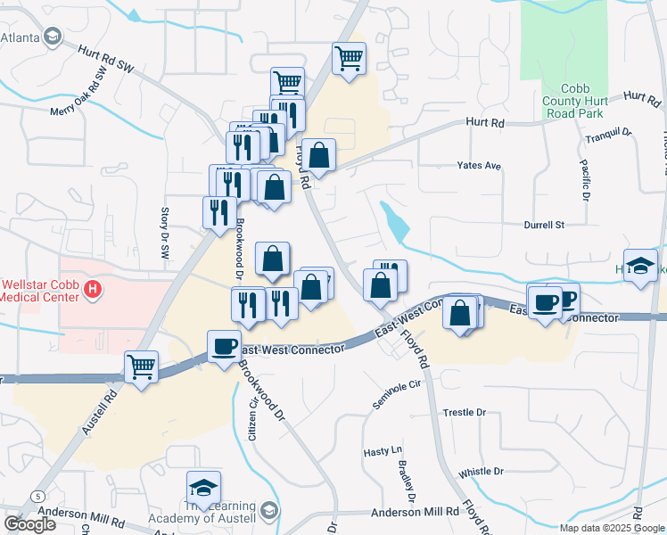 map of restaurants, bars, coffee shops, grocery stores, and more near 3920 Floyd Road in Austell