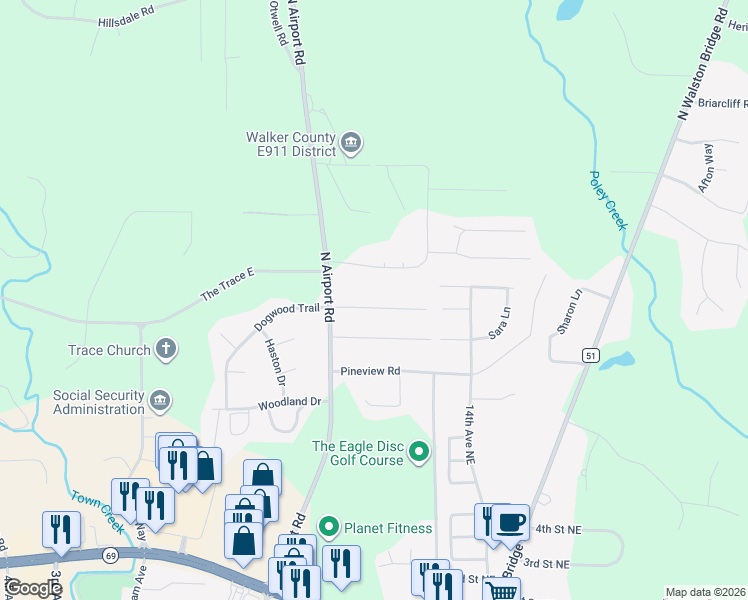 map of restaurants, bars, coffee shops, grocery stores, and more near 901-1299 Parrish Street in Jasper
