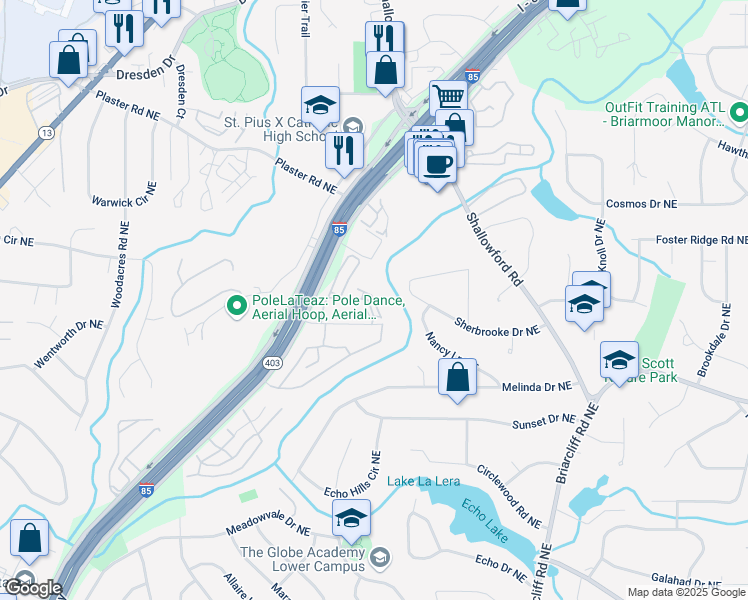map of restaurants, bars, coffee shops, grocery stores, and more near Denmeade Drive Northeast in Atlanta