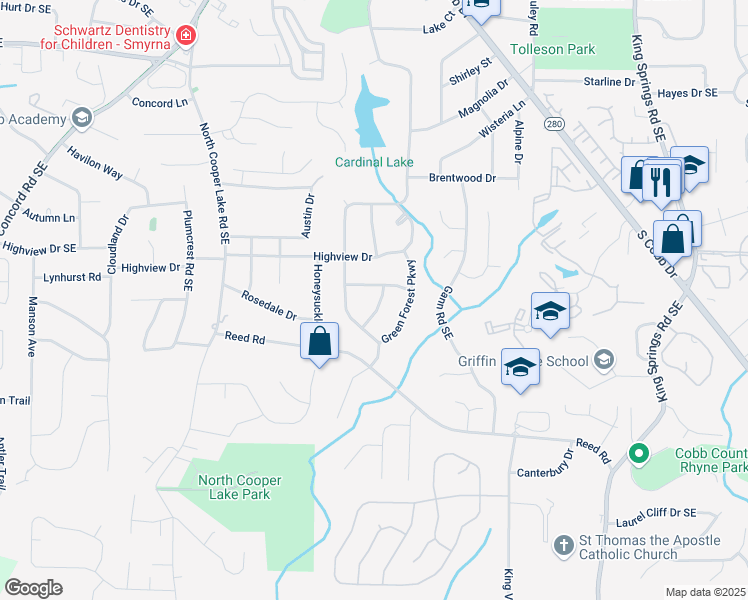 map of restaurants, bars, coffee shops, grocery stores, and more near 3916 Green Forest Lane Southeast in Smyrna