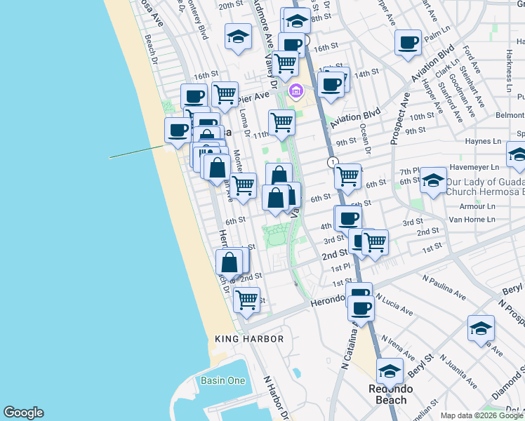 map of restaurants, bars, coffee shops, grocery stores, and more near 312 6th Street in Hermosa Beach