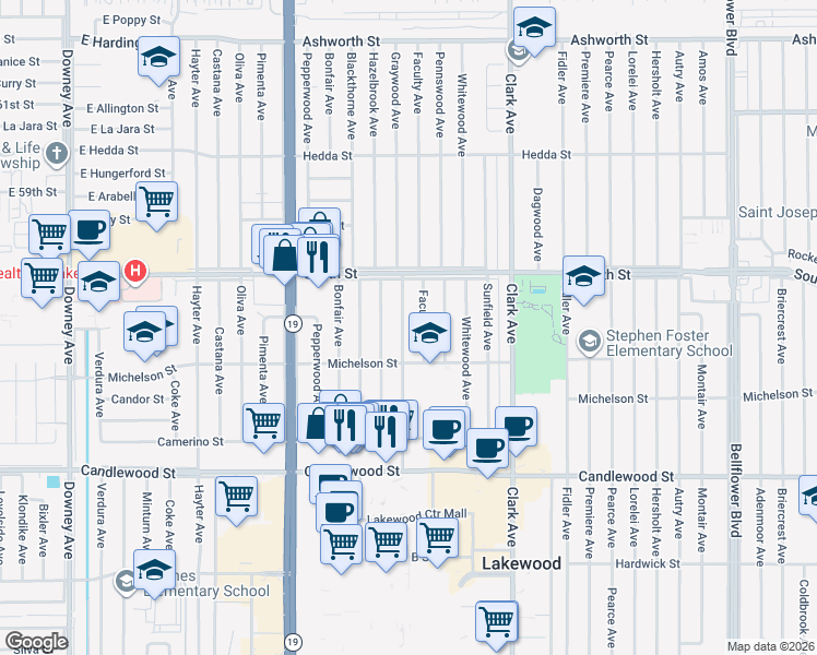 map of restaurants, bars, coffee shops, grocery stores, and more near 5638 Graywood Avenue in Lakewood