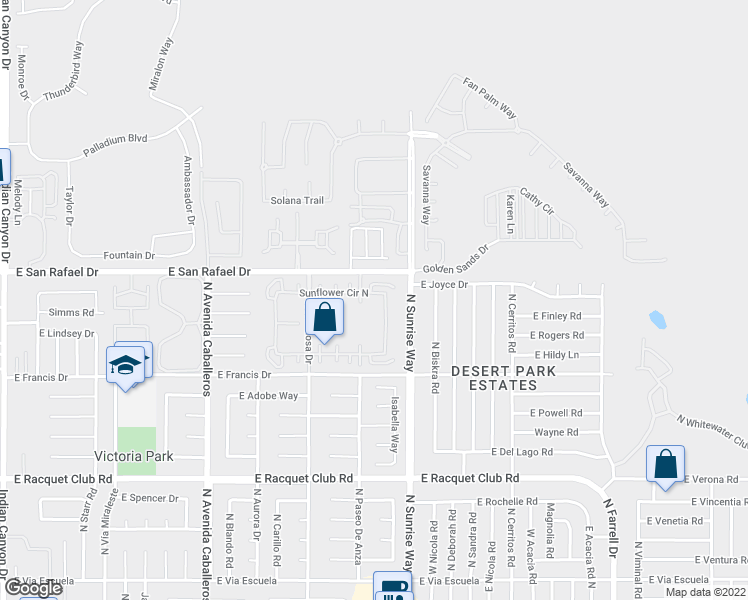 map of restaurants, bars, coffee shops, grocery stores, and more near 3071 Sunflower Circle East in Palm Springs
