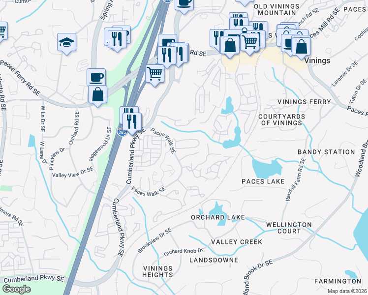 map of restaurants, bars, coffee shops, grocery stores, and more near 2622 Paces View in Atlanta